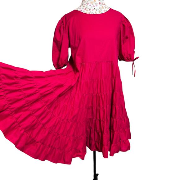 Merlette Sering Mini Dress Tiered Cotton Oversized Tent Swing Berry Pink Medium - Picture 3 of 9